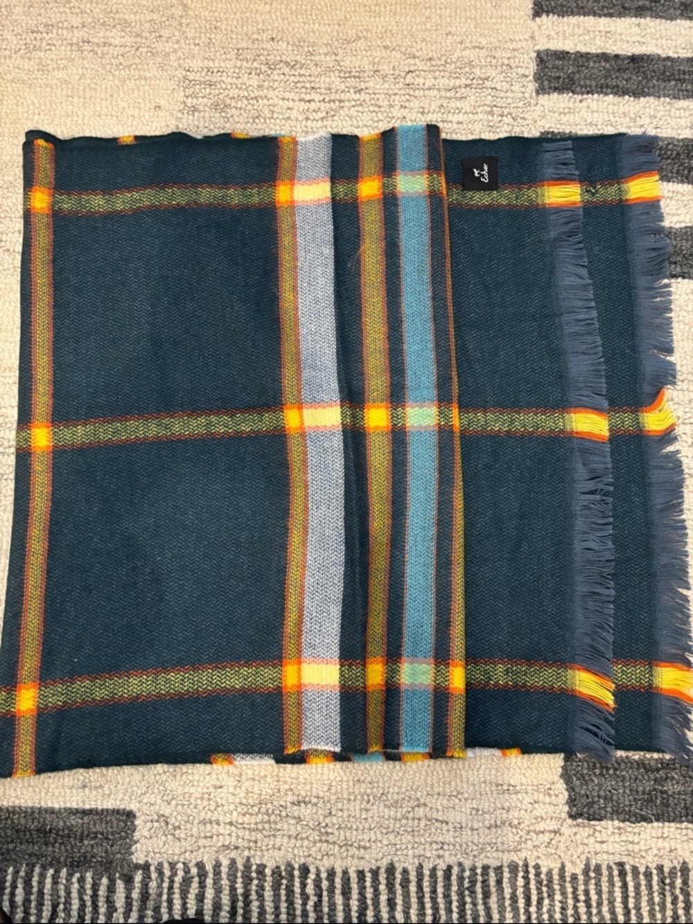 Echo Plaid Scarf Navy Yellow Tartan Fringe Wrap - Picture 9 of 12